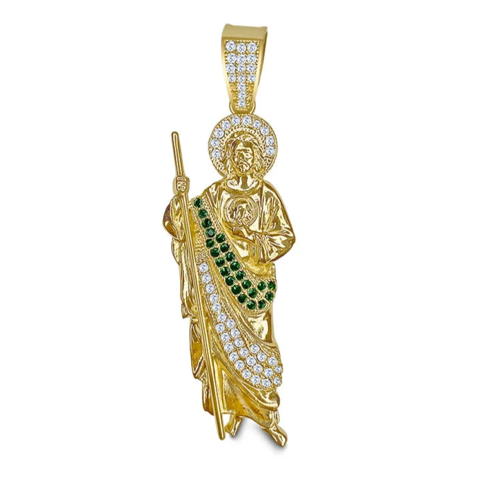 14k Gold Saint Jude Micropave Green Cz Pendant