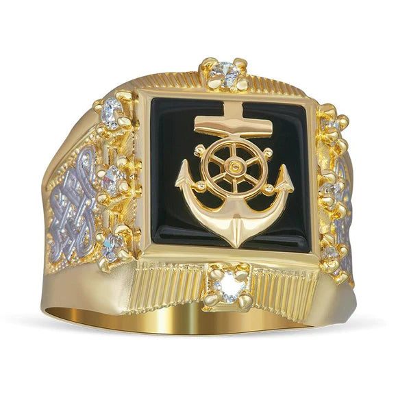 14k Gold Anchor Onyx Ring