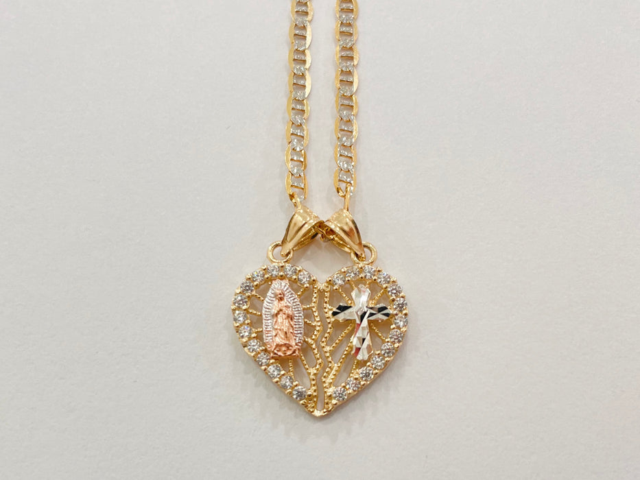 14k Gold Diamond Cut Breakable Cross + Guadalupe Necklace