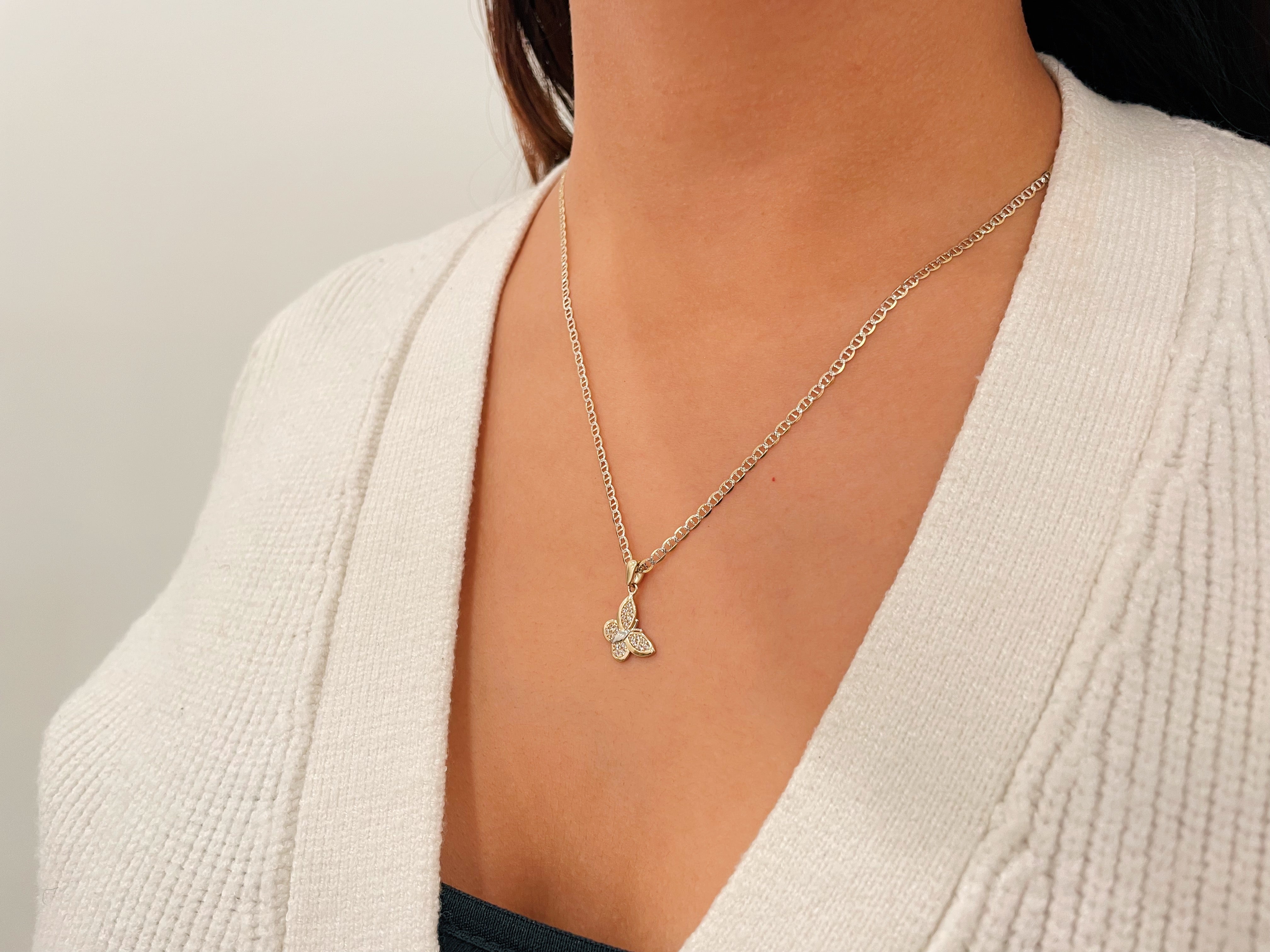 14k Gold Diamond Cut Butterfly Cz Necklace