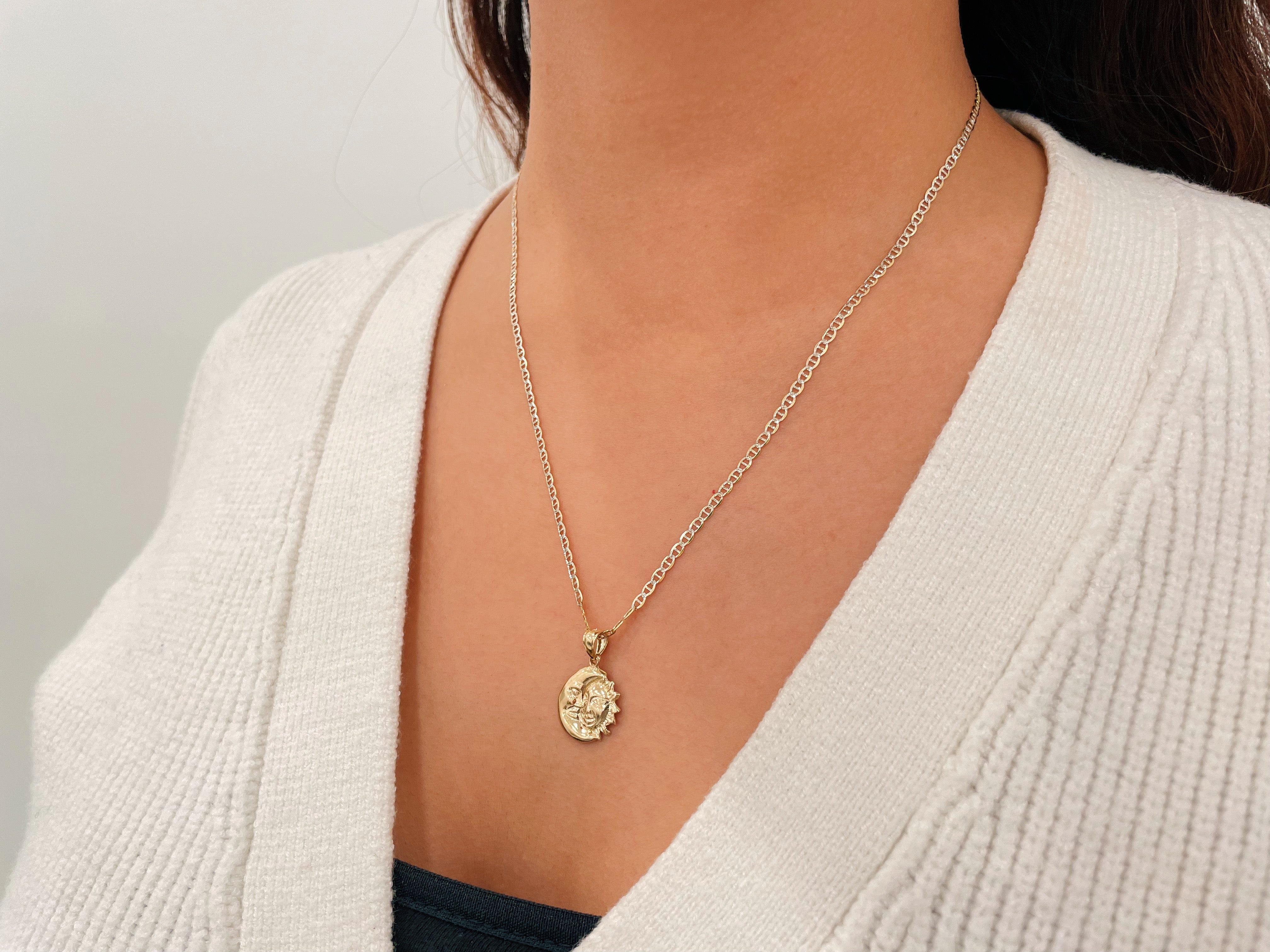 14k Gold Diamond Cut Moon and Sun Necklace
