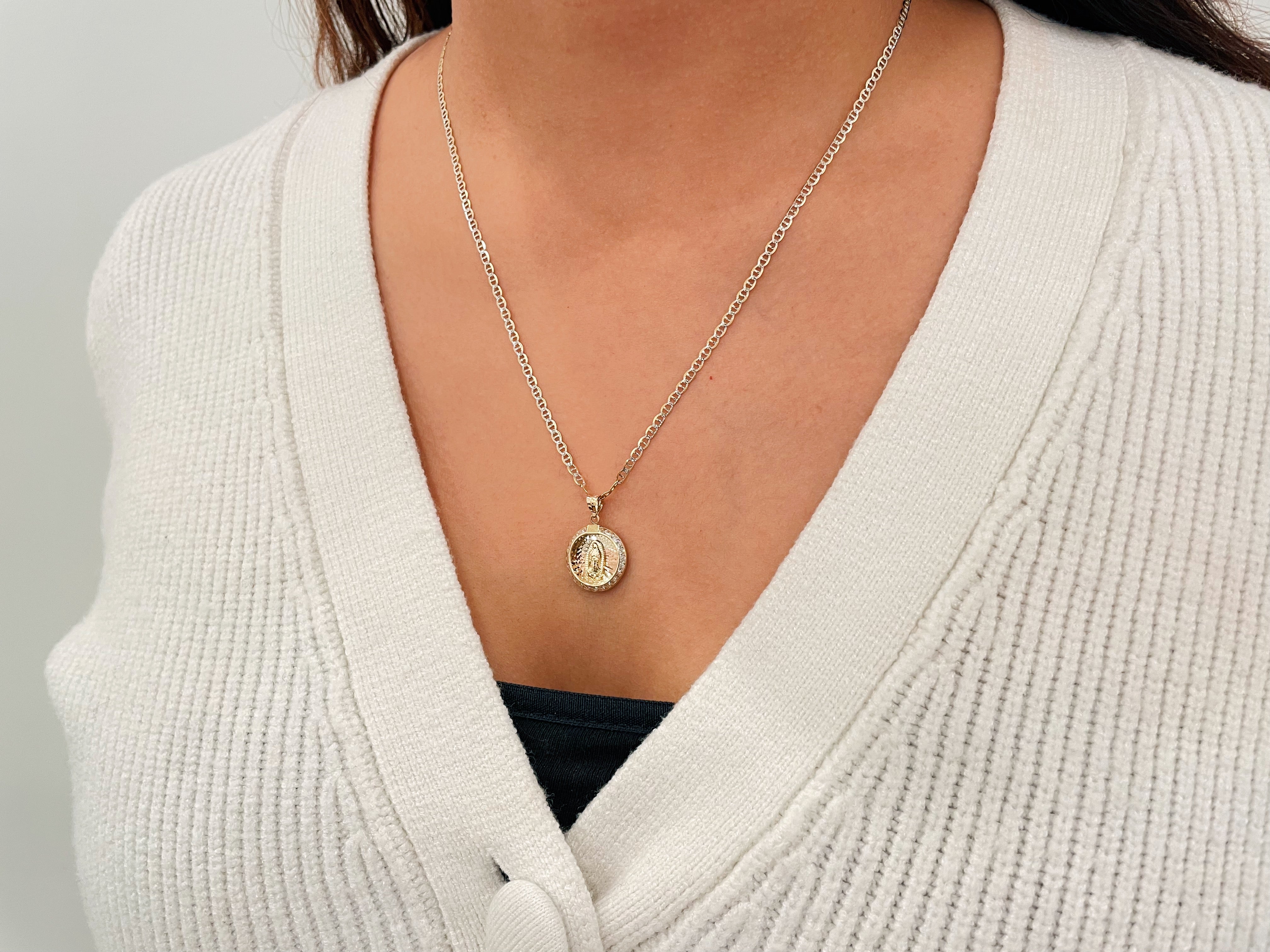 14k Gold Diamond Cut Tri-Color Round Guadalupe Cz Necklace