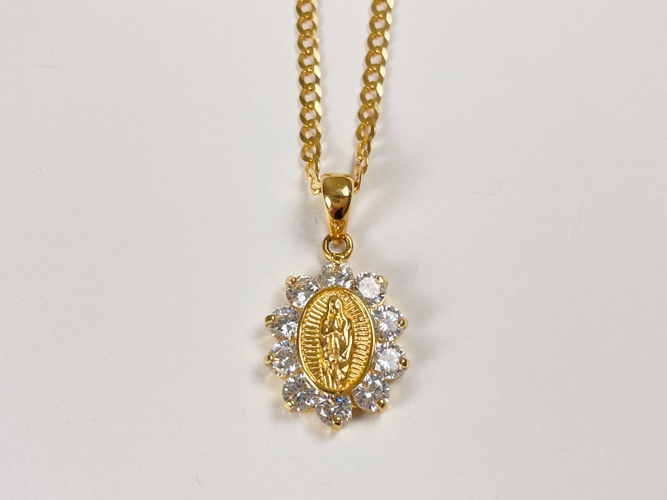 14k Gold Our Lady of Guadalupe Necklace (White Cz)