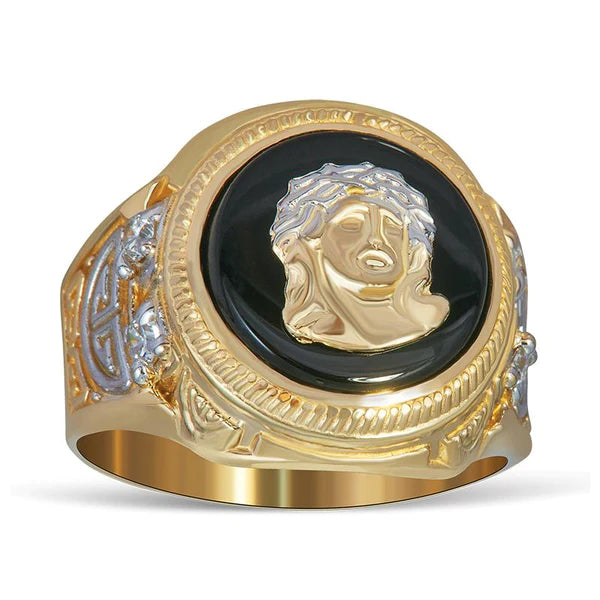 14k Gold Jesus Head Onyx Ring