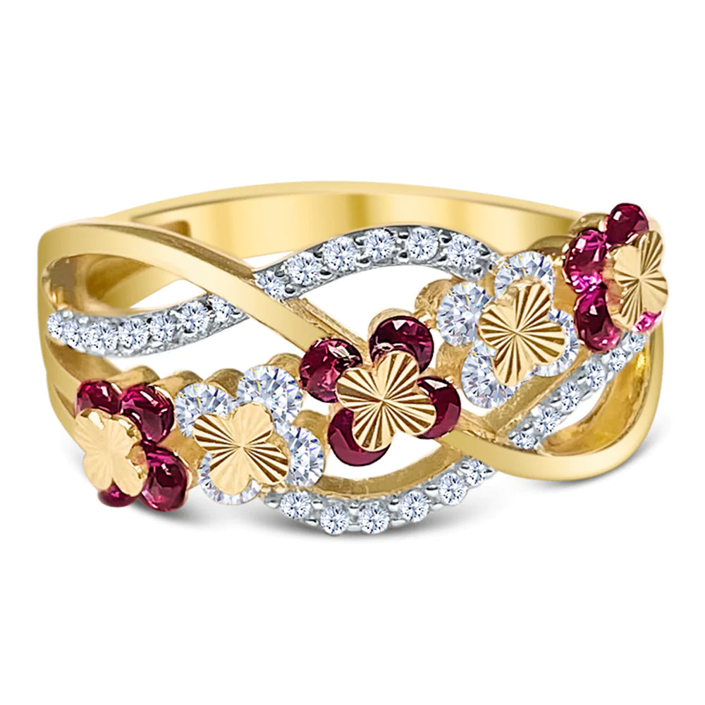 14k Gold Red and White Flower Cz Ring