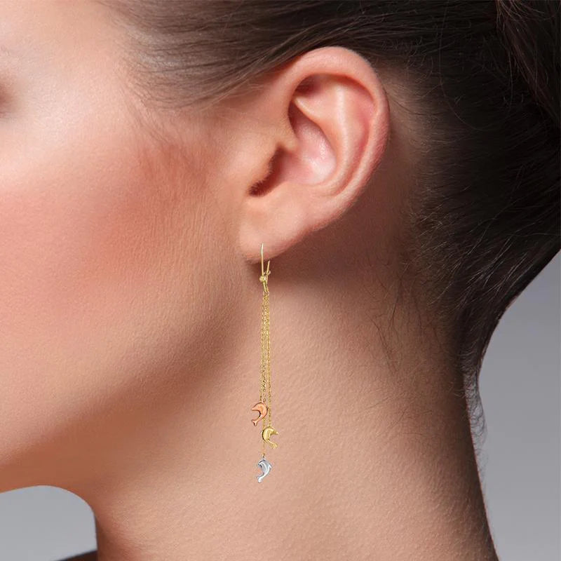 14k Gold Tri-Color Dolphin Dangling Earrings