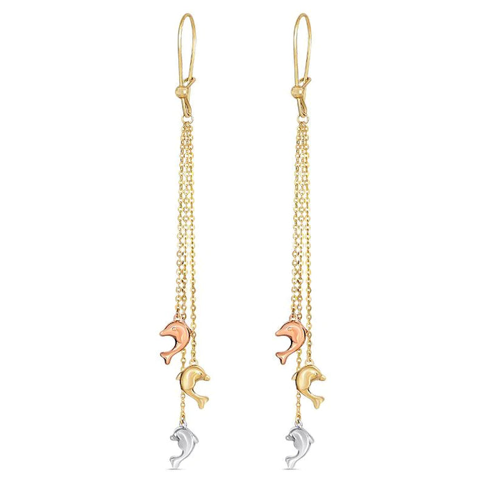 14k Gold Tri-Color Dolphin Dangling Earrings
