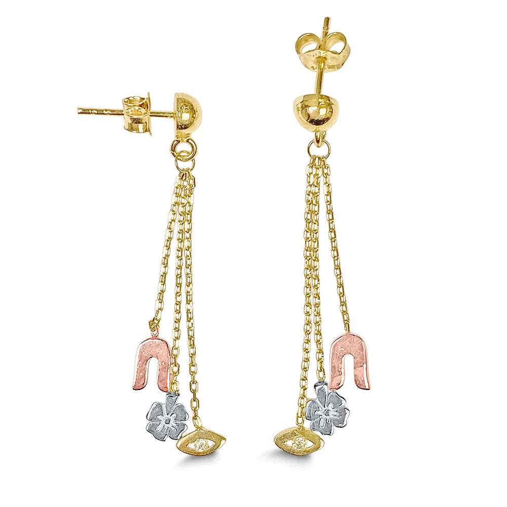 14k Gold Tri-Color Lucky 7 Dangling Earrings