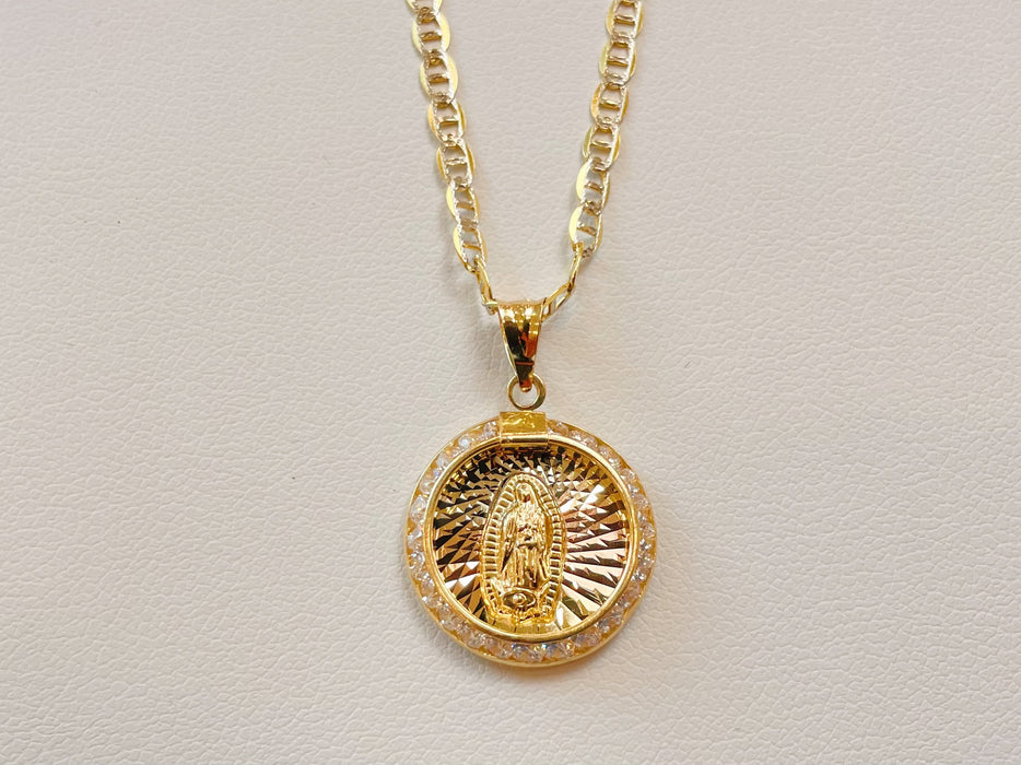 14k Gold Diamond Cut Tri-Color Round Guadalupe Cz Necklace