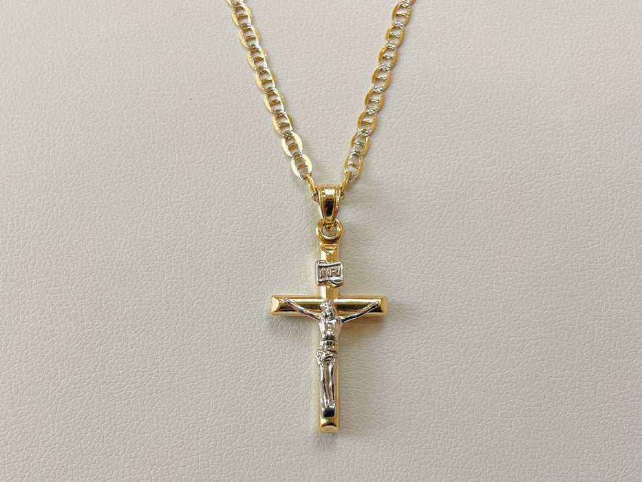 14k Gold Diamond Cut White and Yellow Gold Cross Necklace