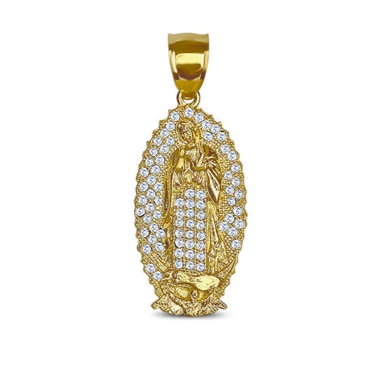 14k Gold Guadalupe with Sun Rays Micropave Cz Pendant