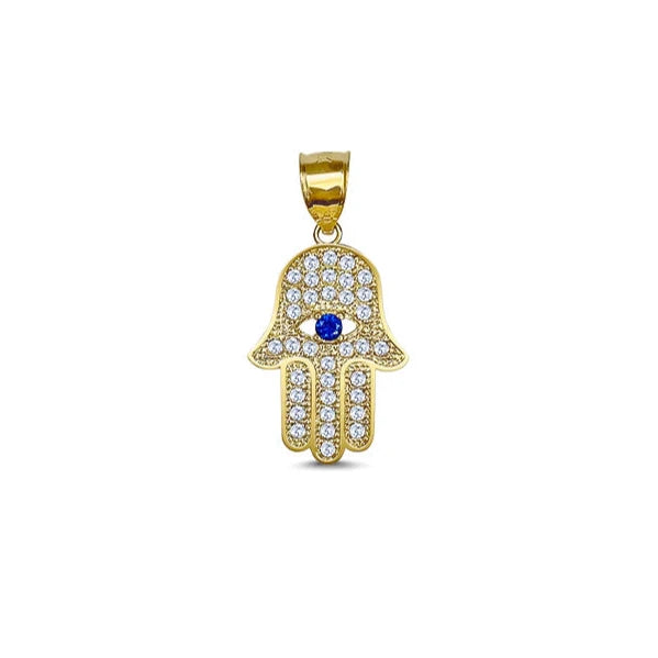 14k Gold Hamsa Blue Eye Cz Pendant