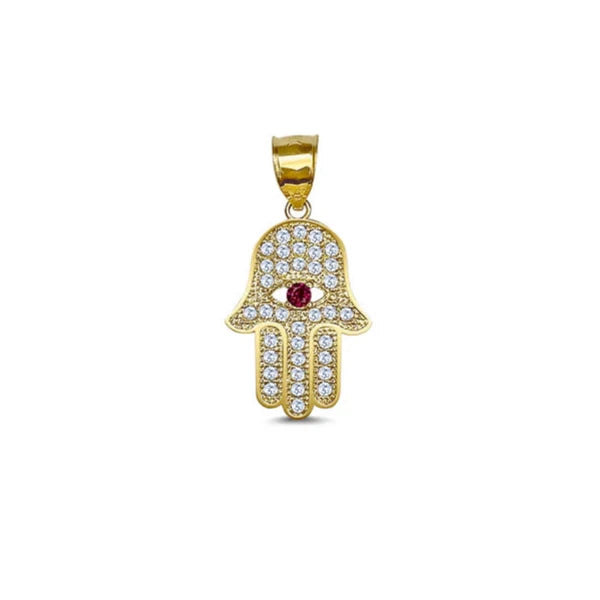 14k Gold Hamsa Red Eye Cz Pendant