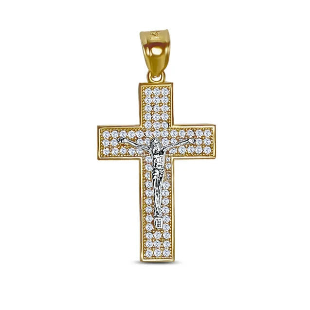 14k Gold Two-Tone Crucifix Micropave Cz Pendant