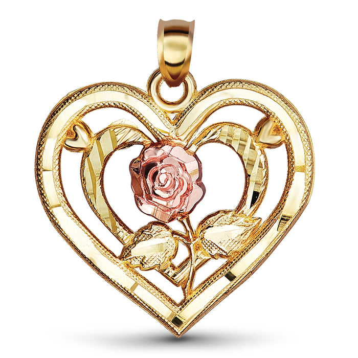 14k Gold Diamond Cut Heart With Rose Pendant
