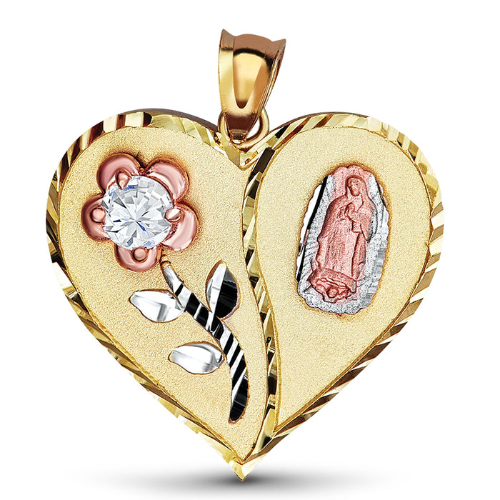 14k Gold Heart with Flower Guadalupe Pendant