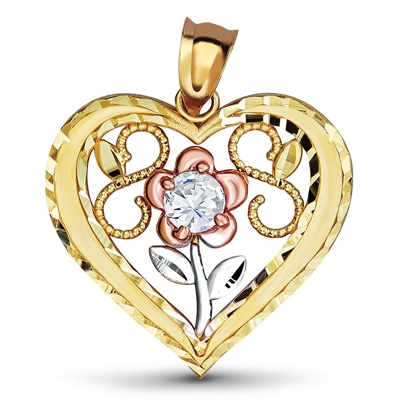 14k Gold Tricolor Flower Heart Cz Pendant