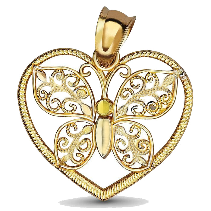 14k Gold Heart With Butterfly Pendant
