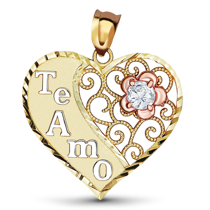 14k Gold Tricolor Te Amo Heart Cz Pendant