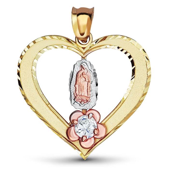 14k Gold Heart and Cz Flower Guadalupe Pendant