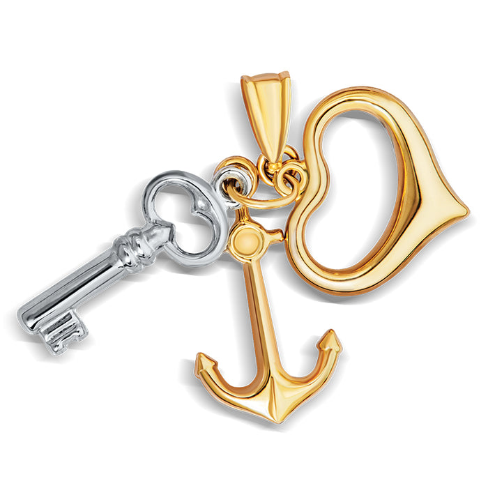 14kt Gold Two Tone Heart+Key+Anchor Pendant