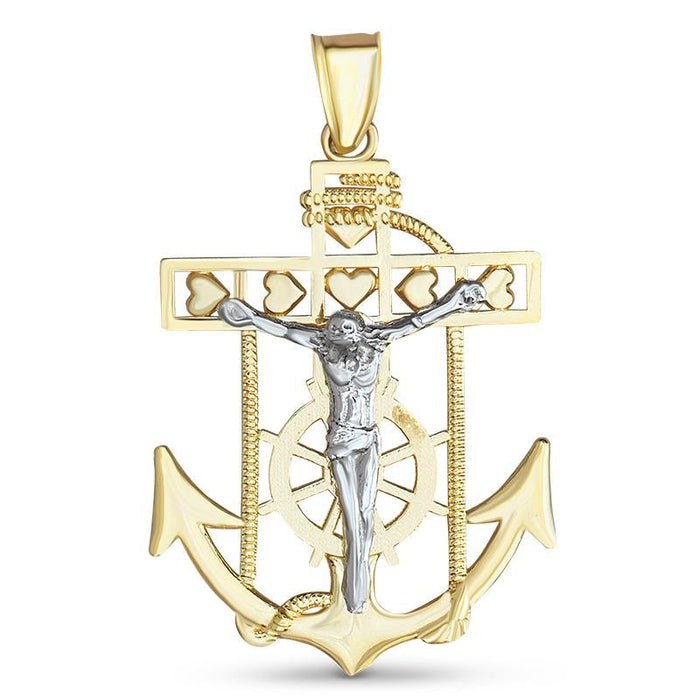 14k Gold Two-Tone Crucifix Anchor Pendant - Medium