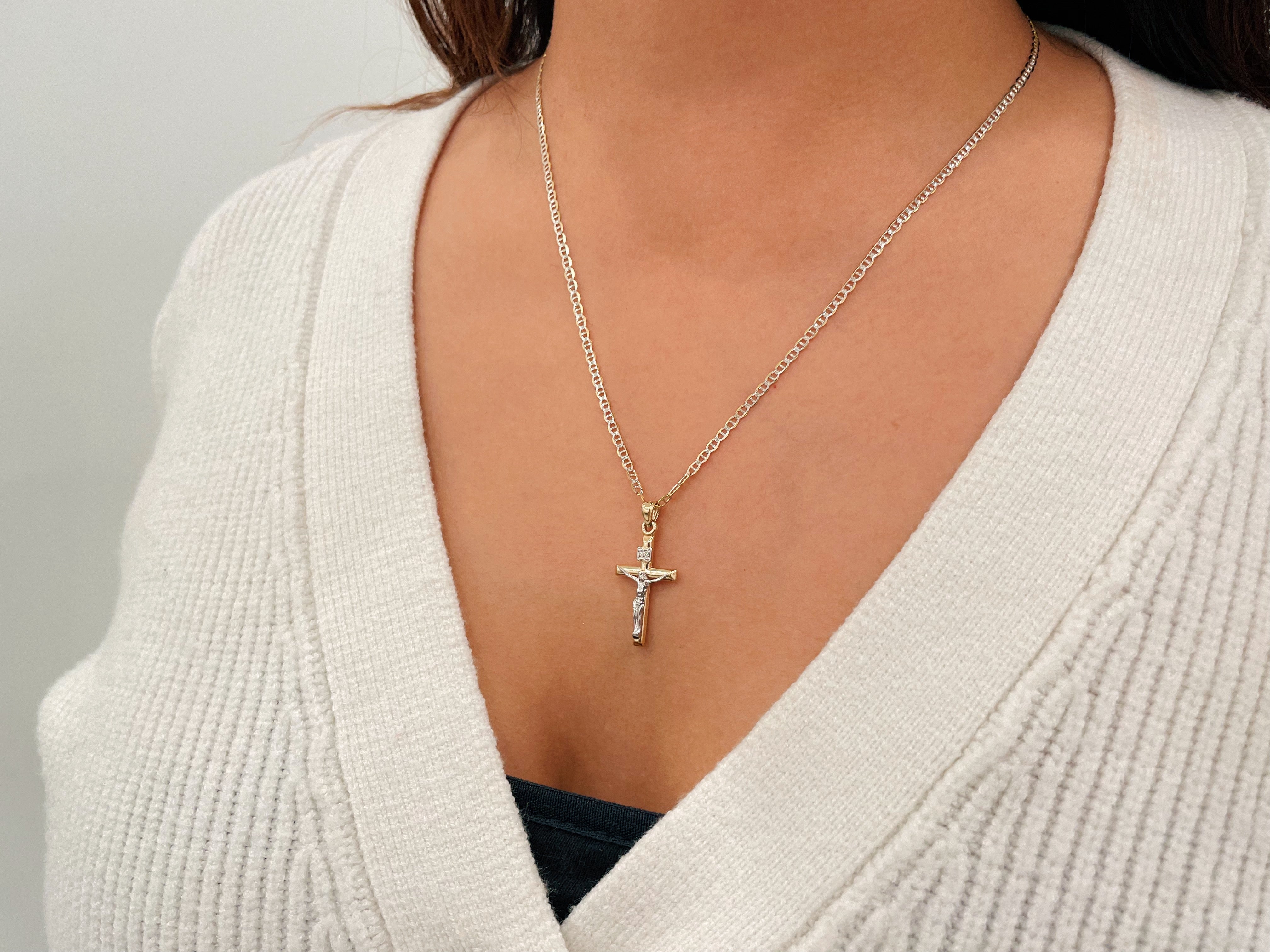 14k Gold Diamond Cut White and Yellow Gold Cross Necklace
