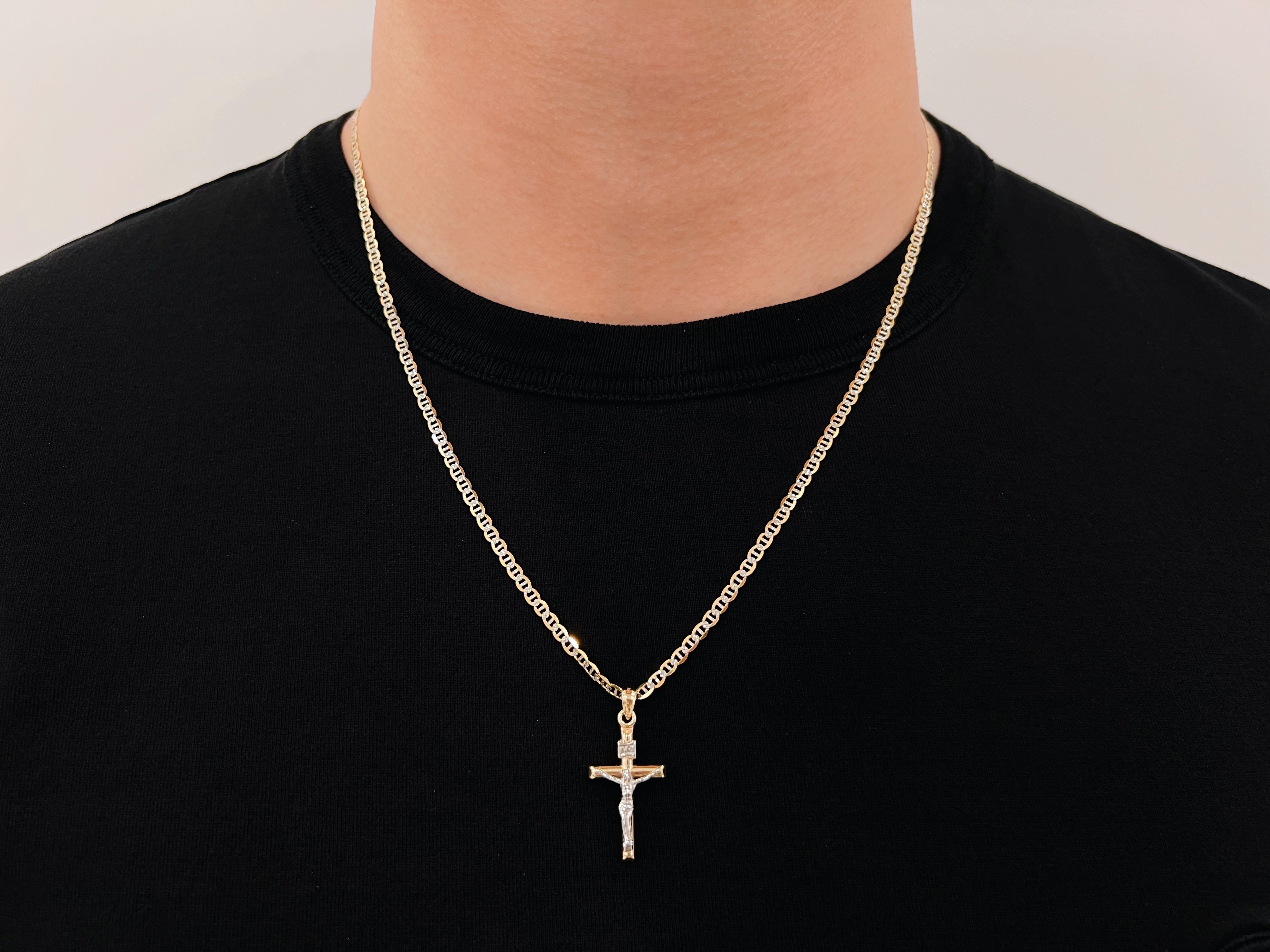 14k Gold Diamond Cut White and Yellow Gold Cross Necklace