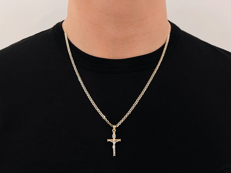 14k Gold Diamond Cut White and Yellow Gold Cross Necklace