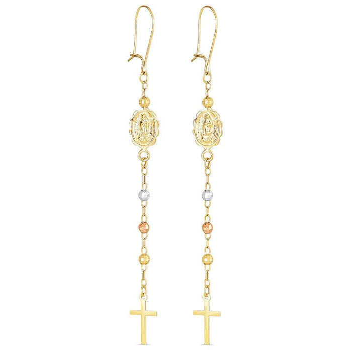 14k Gold Cross and Guadalupe Dangling Earrings