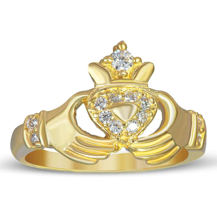 14k Gold Crown in Hands Cz Ring
