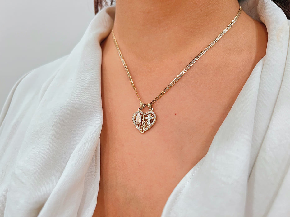 14k Gold Diamond Cut Breakable Cross + Guadalupe Necklace