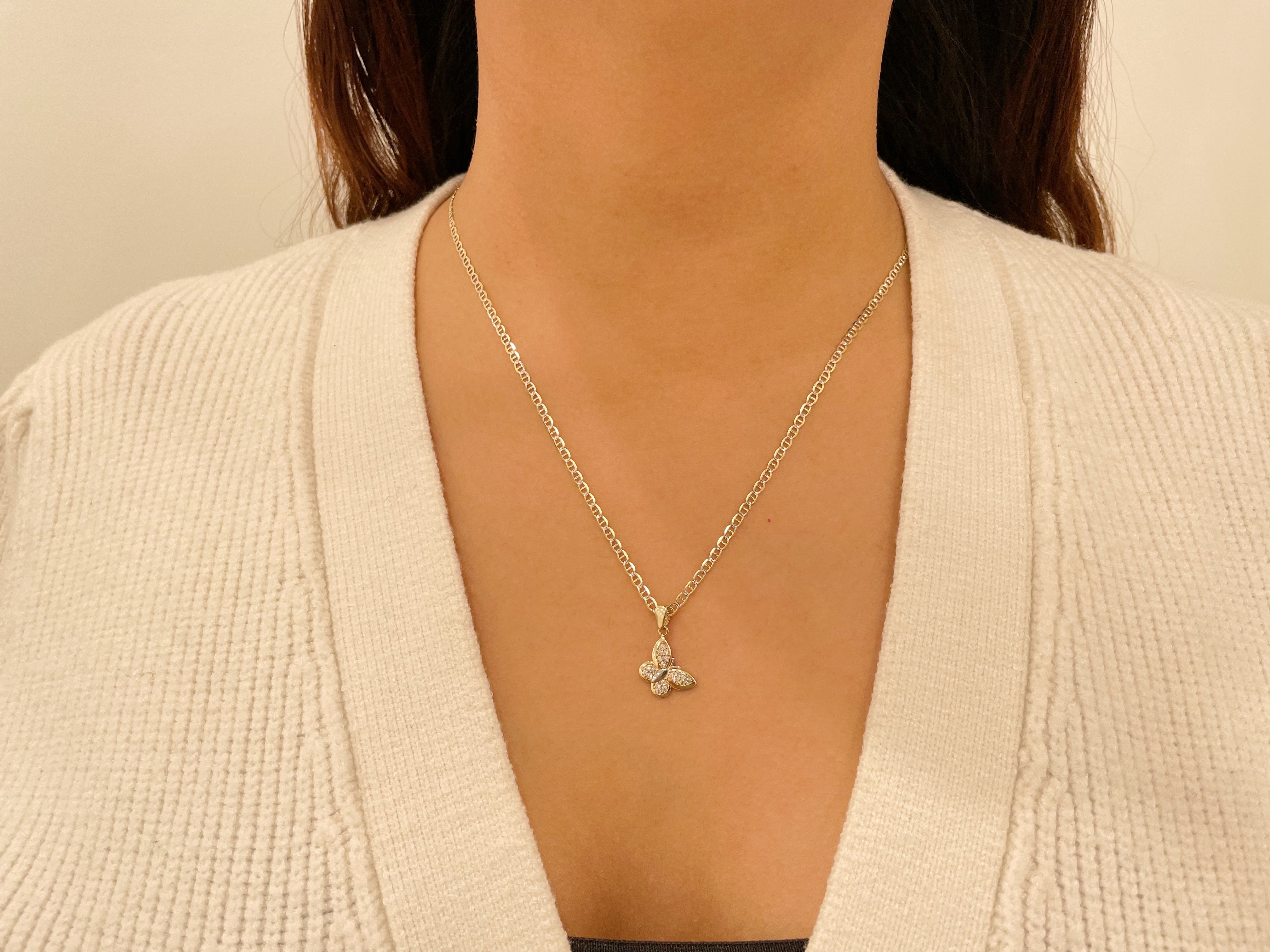 14k Gold Diamond Cut Butterfly Cz Necklace