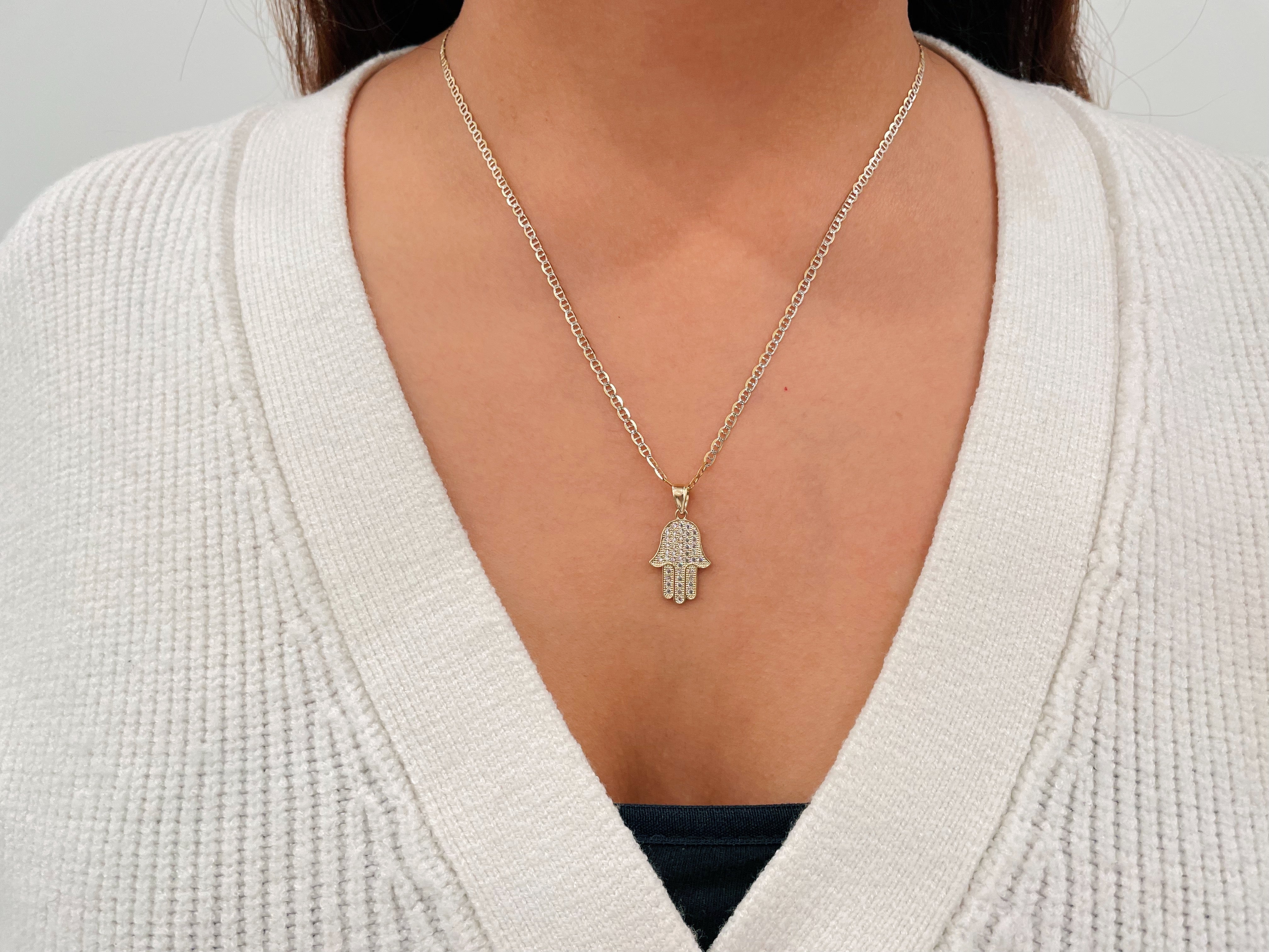14k Gold Diamond Cut Hamsa Hand Cz Necklace