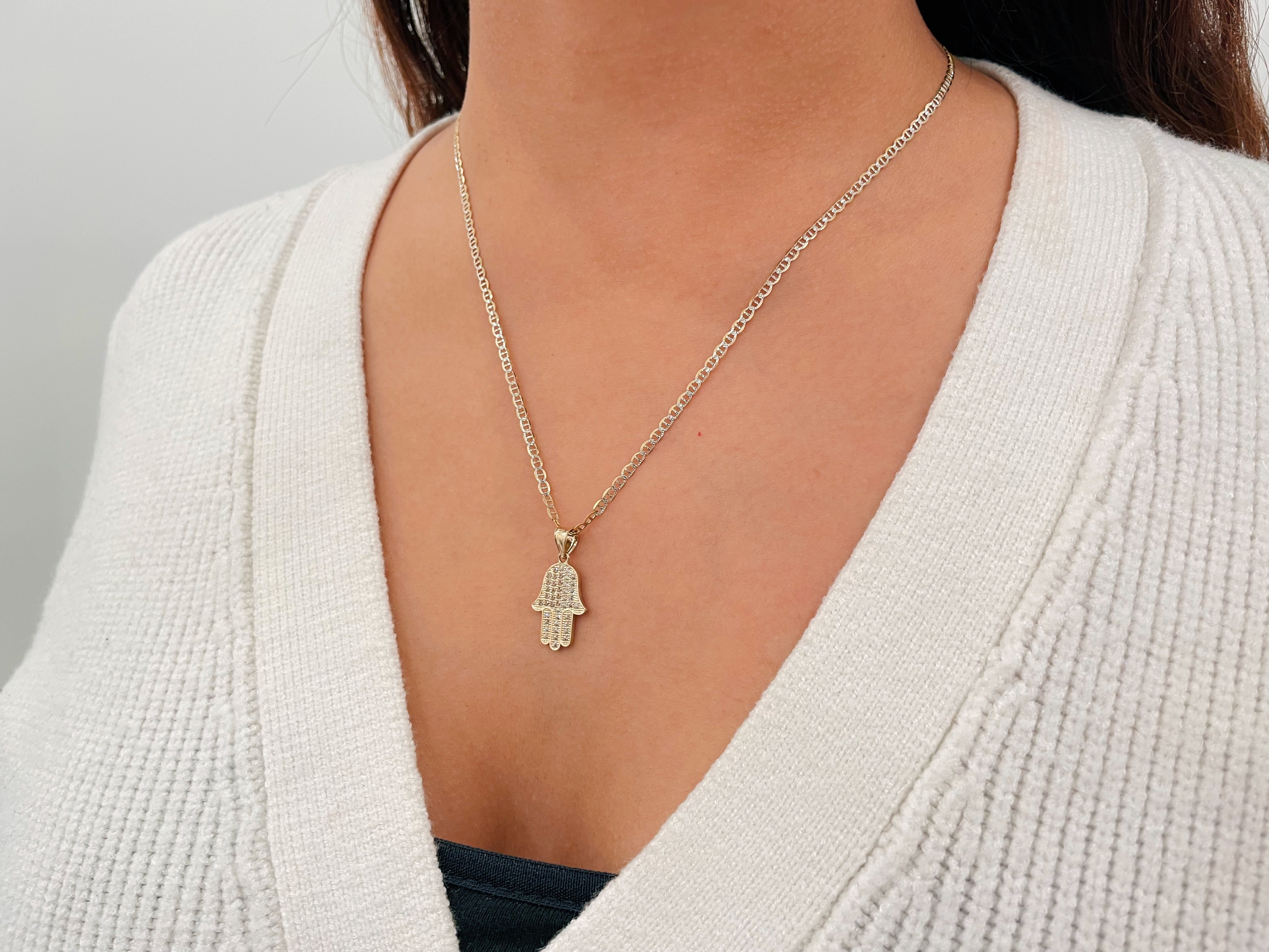 14k Gold Diamond Cut Hamsa Hand Cz Necklace