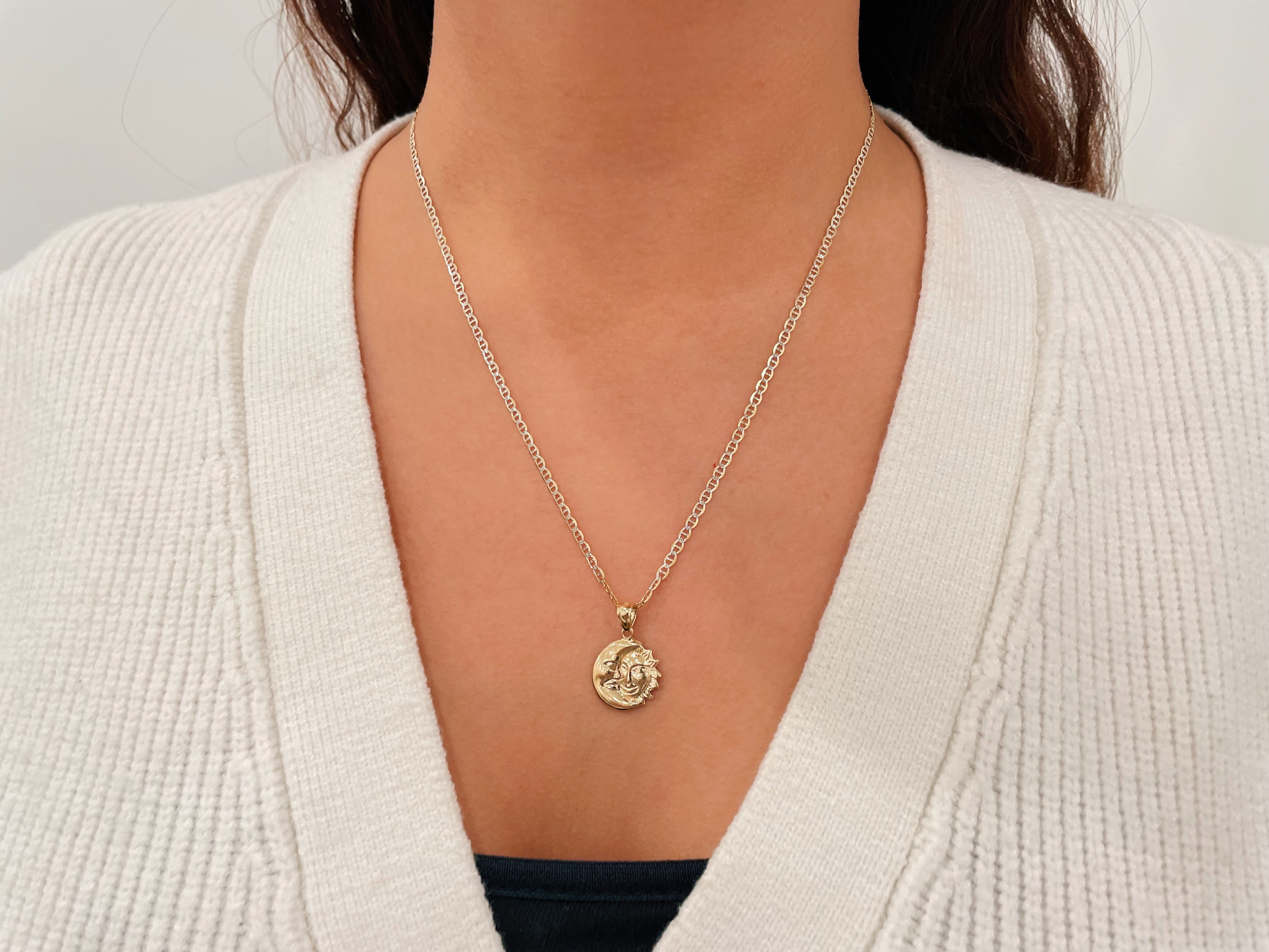 14k Gold Diamond Cut Moon and Sun Necklace