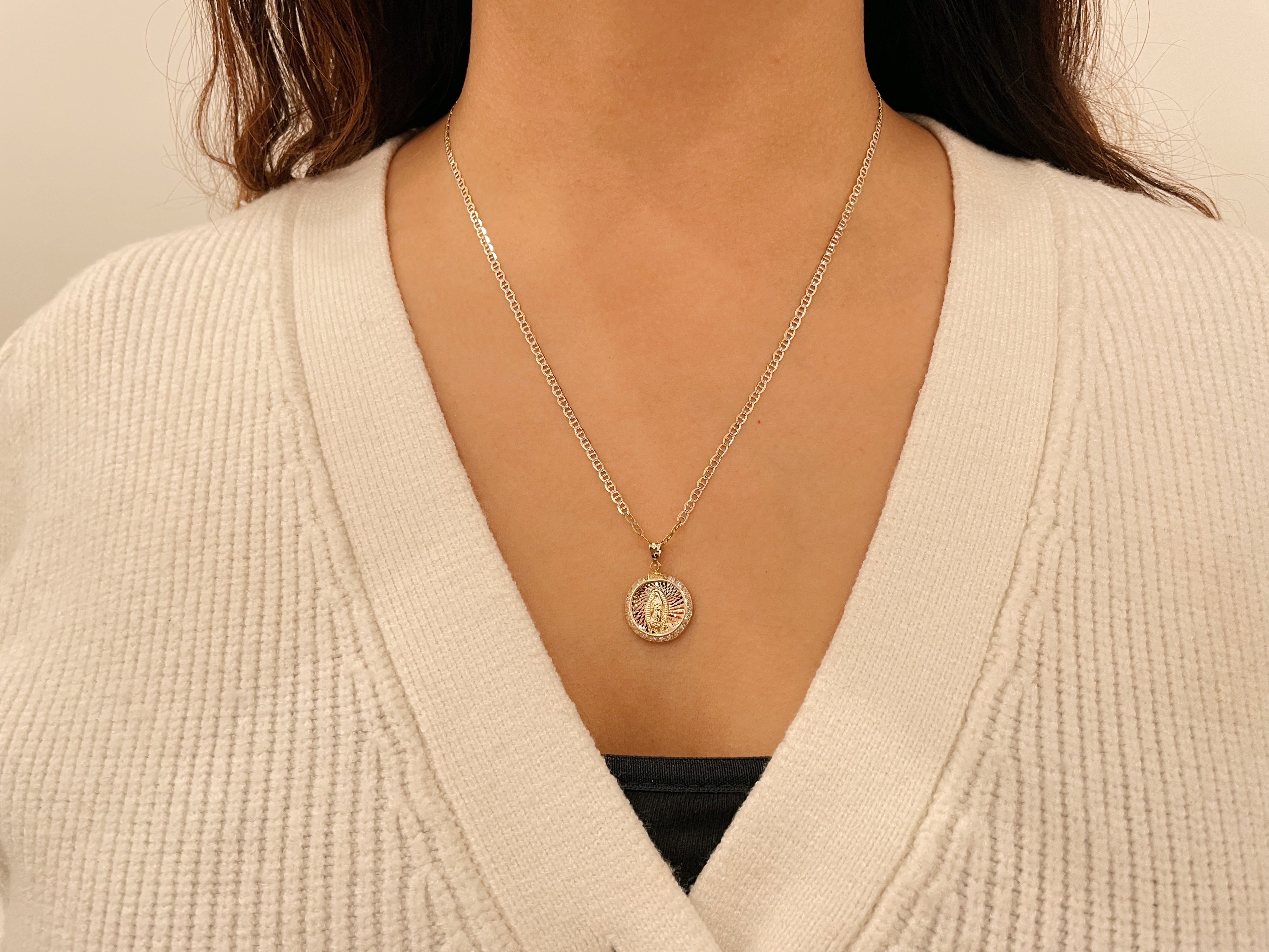 14k Gold Diamond Cut Tri-Color Round Guadalupe Cz Necklace