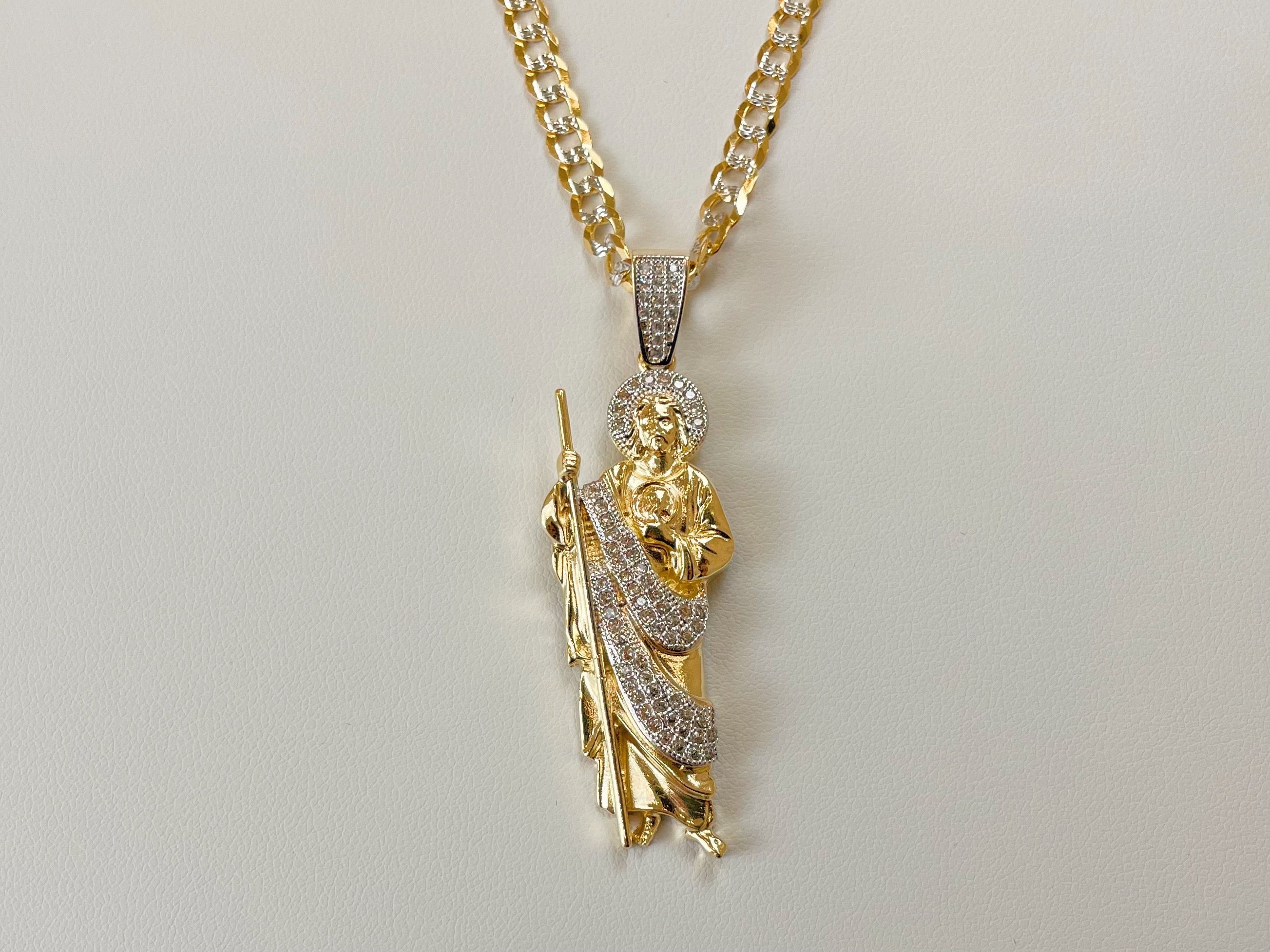 14k Gold Diamond Cut Two-Tone Gold San Judas Cz Chain