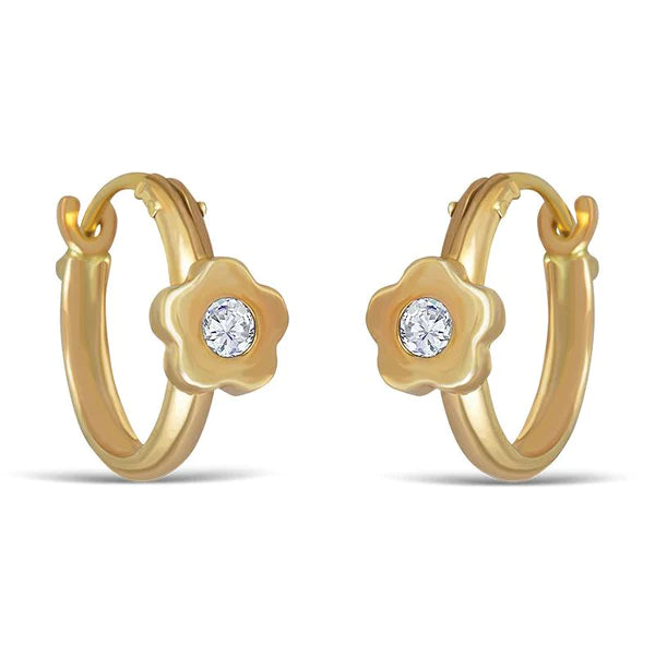 14k Gold Flower Cz Small Hoop Earrings