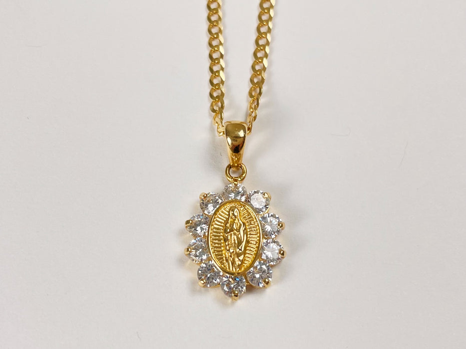 14k Gold Our Lady of Guadalupe Necklace (White Cz)