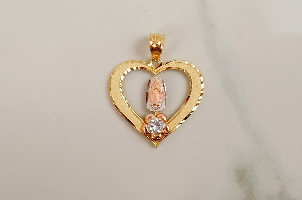 14k Gold Heart and Cz Flower Guadalupe Pendant