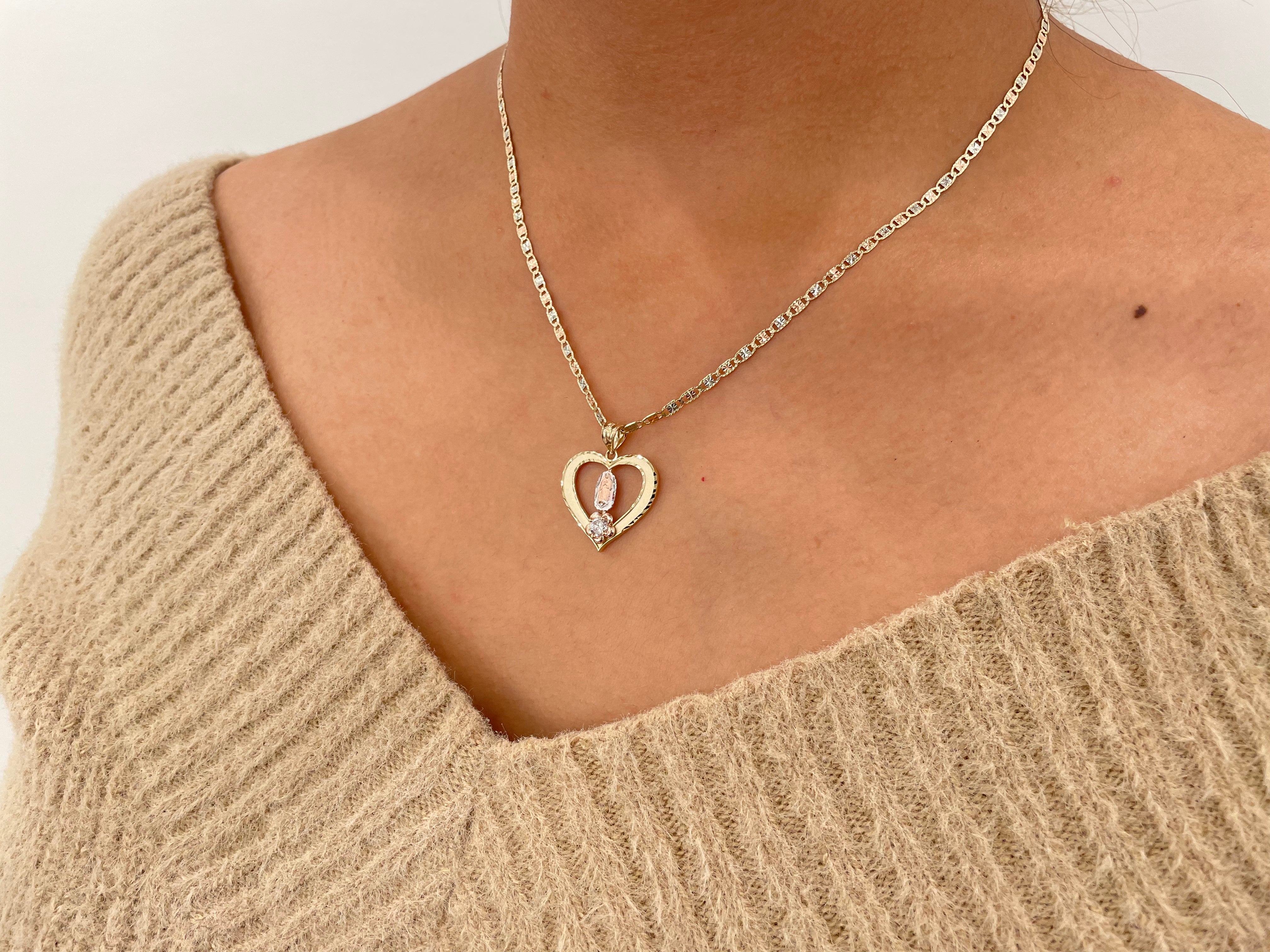 14k Gold Heart and Cz Flower Guadalupe Pendant