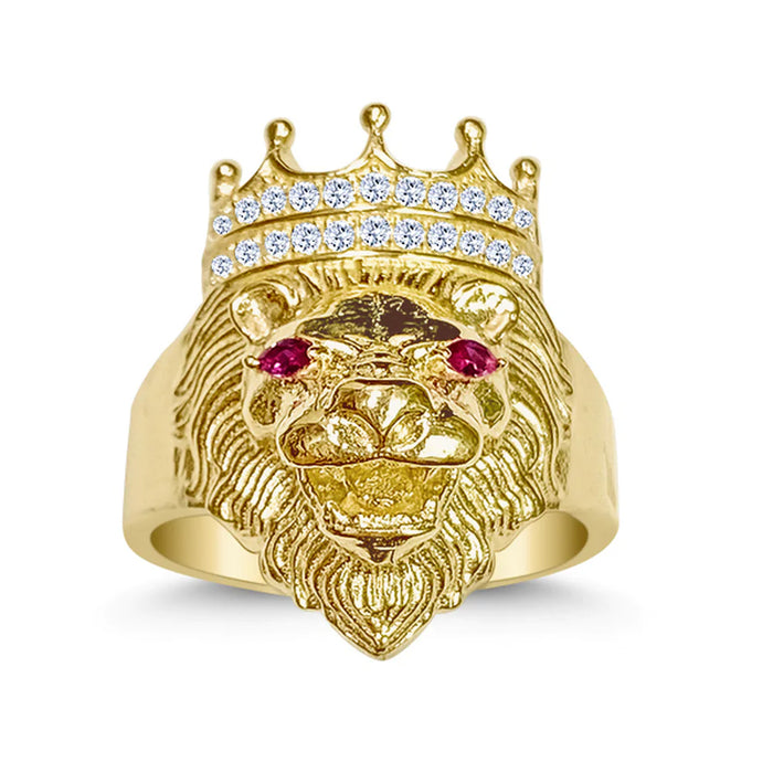 14k Gold Lion Head with Crown and Red Eyes Ring