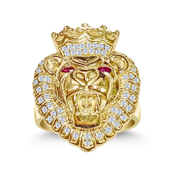 14k Gold King Lion Head with Crown and Red Eyes Ring