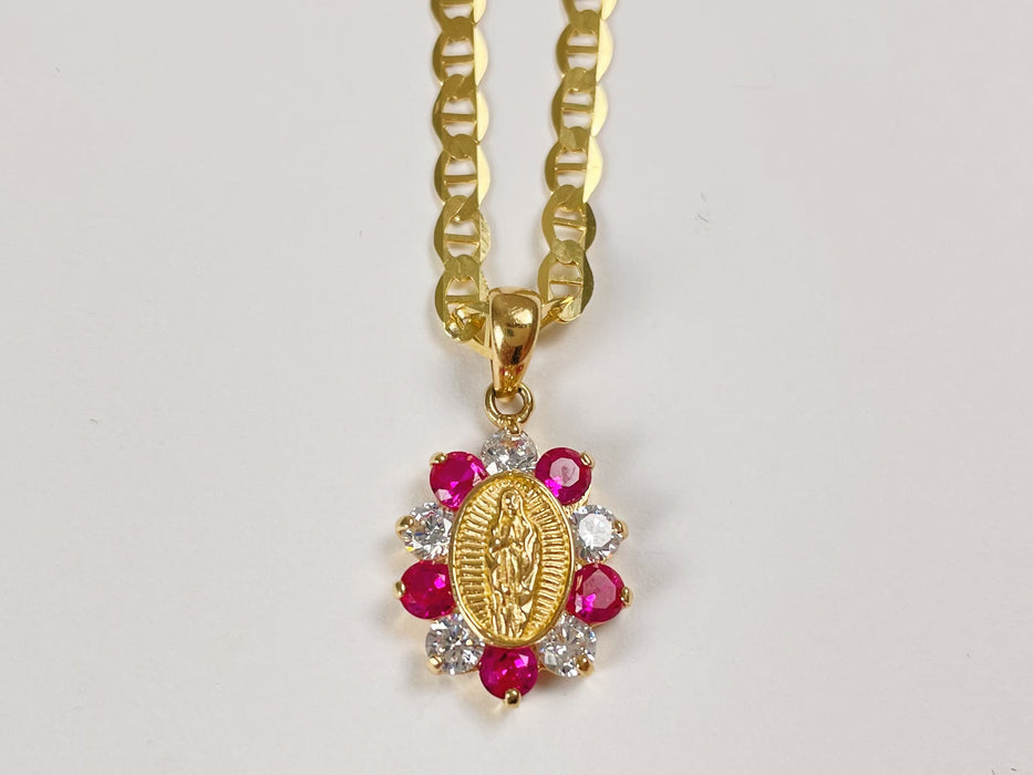 14k Gold Our Lady of Guadalupe Necklace (Rose/White Cz)