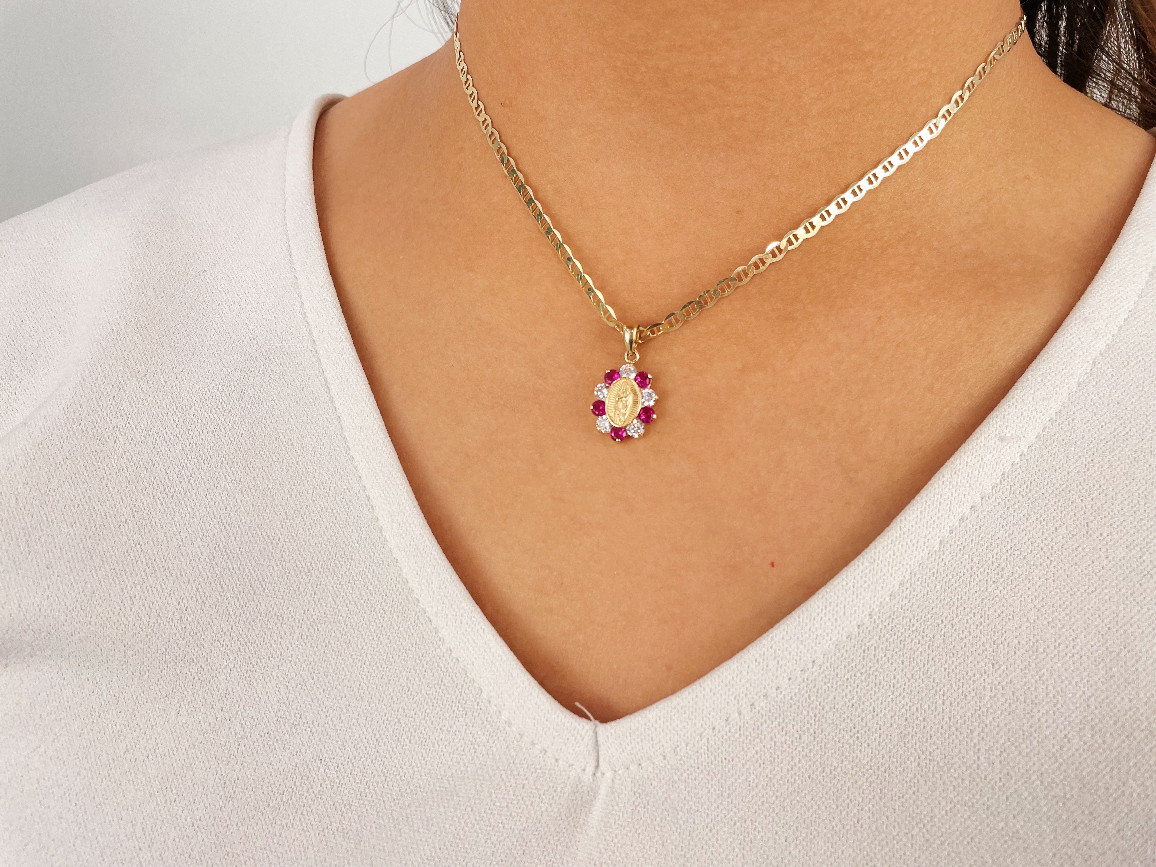 14k Gold Our Lady of Guadalupe Necklace (Rose/White Cz)