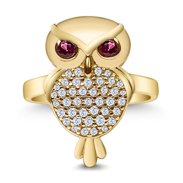 14k Gold Owl with Red Eyes Cz Ring