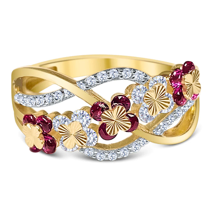 14k Gold Red and White Flower Cz Ring
