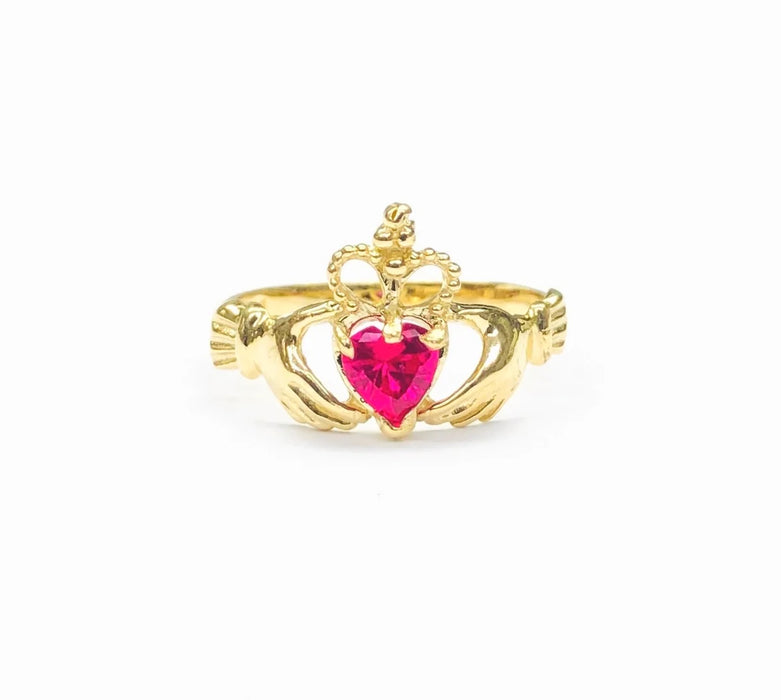 14k Gold Small Claddagh Red Heart Cz Ring