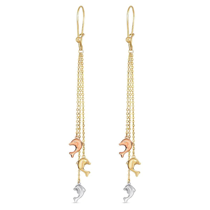 14k Gold Tri-Color Dolphin Dangling Earrings